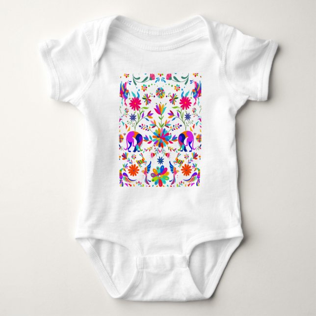 Weims, Rabbits, & Birds Otomi styled pattern  Baby Bodysuit (Front)