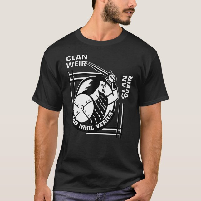 Weir Clan Gaelic Motto Swordsman T-Shirt (Front)