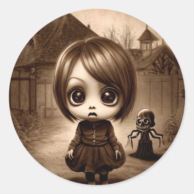 Weird Big Eyed Chibi Girl Halloween Classic Round Sticker (Front)