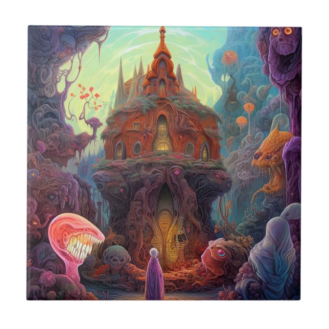 Weird Creepy House Surreal Art Ceramic Tile (Front)
