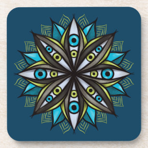 Weird Eyes Mandala Art - Trippy Flower Blue Green Coaster