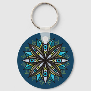 Weird Eyes Mandala Art - Trippy Flower Blue Green Key Ring