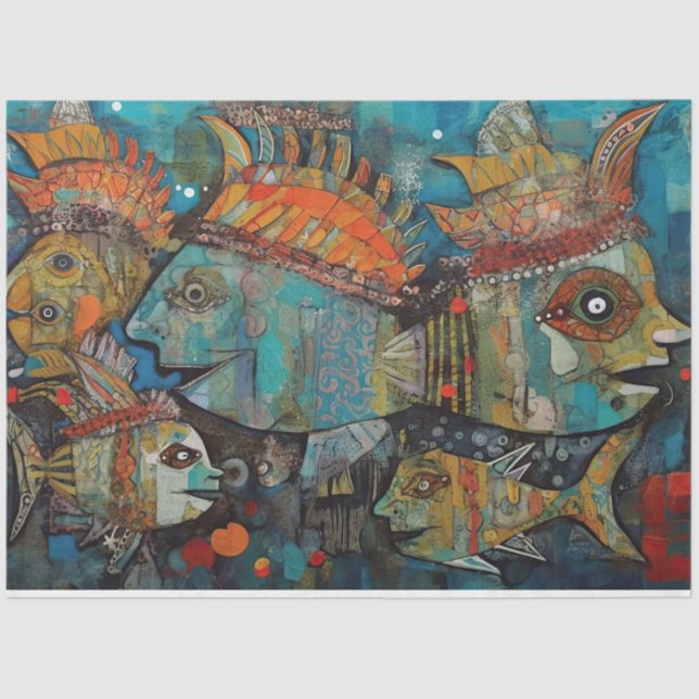 Weird Fish Ocean Mixed Media Collage Decoupage Tissue Paper (Front)