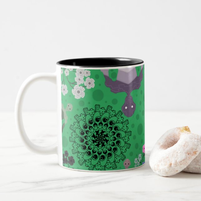 Weird Flower and Robot Pattern Two-Tone Coffee Mug (With Donut)
