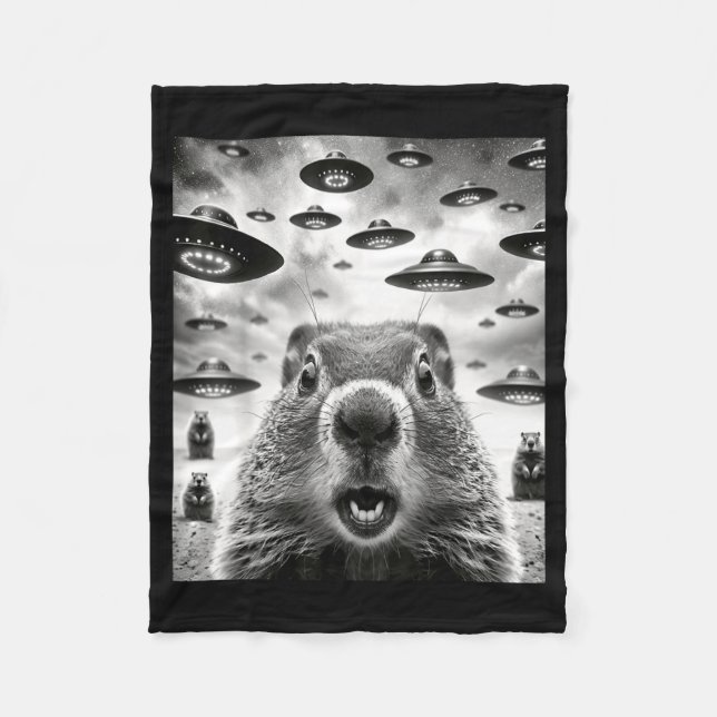 Weird Groundhogs Selfie With Alien Ufo Funny Groun Fleece Blanket (Front)