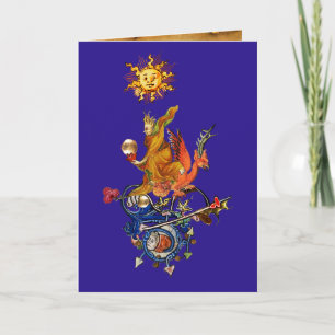 WEIRD MEDIEVAL BESTIARY,ALCHEMIST,RED DRAGON,Blue Holiday Card