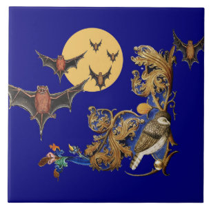 WEIRD MEDIEVAL BESTIARY,BLUE BIRD,BATS IN NIGHT  CERAMIC TILE