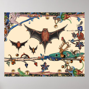 WEIRD MEDIEVAL BESTIARY,FLYING BATS FOREST ANIMALS POSTER