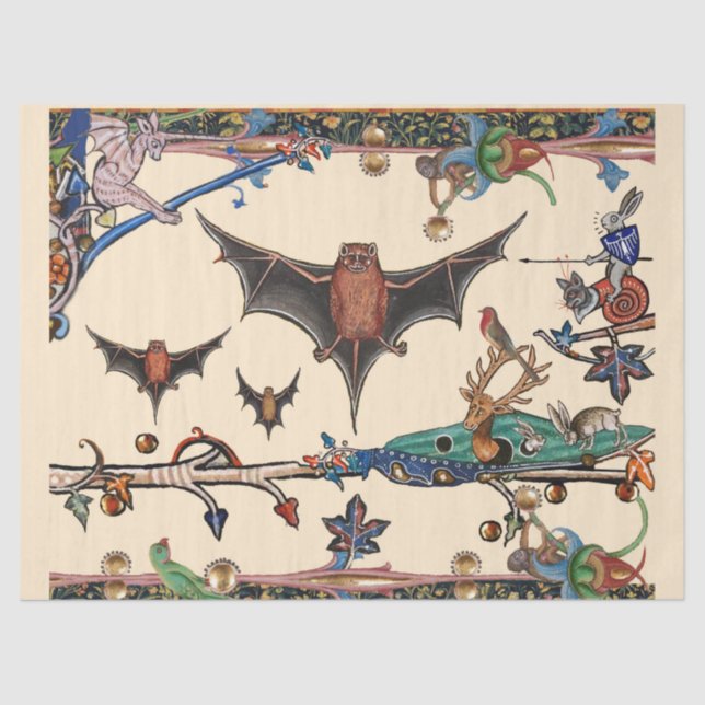 WEIRD MEDIEVAL BESTIARY,FLYING BATS FOREST ANIMALS TISSUE PAPER (Front)