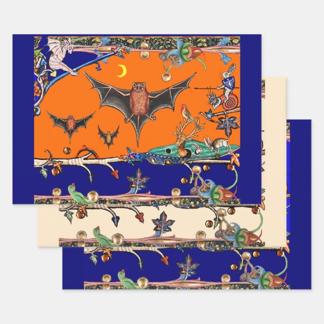 WEIRD MEDIEVAL BESTIARY,FLYING BATS FOREST ANIMALS WRAPPING PAPER SHEET (Set)