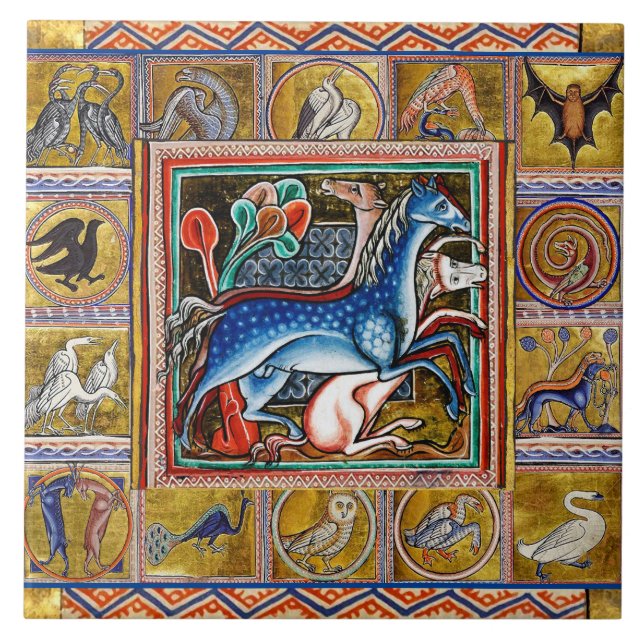 WEIRD MEDIEVAL BESTIARY,HORSES ,FOREST ANIMALS  CERAMIC TILE (Front)