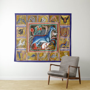 WEIRD MEDIEVAL BESTIARY,HORSES ,FOREST ANIMALS TAPESTRY