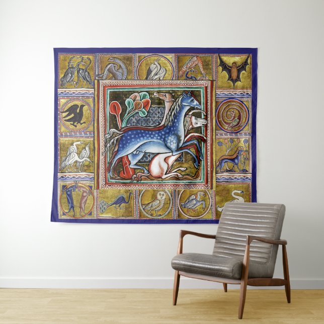WEIRD MEDIEVAL BESTIARY,HORSES ,FOREST ANIMALS TAPESTRY (In Situ (Horizontal))