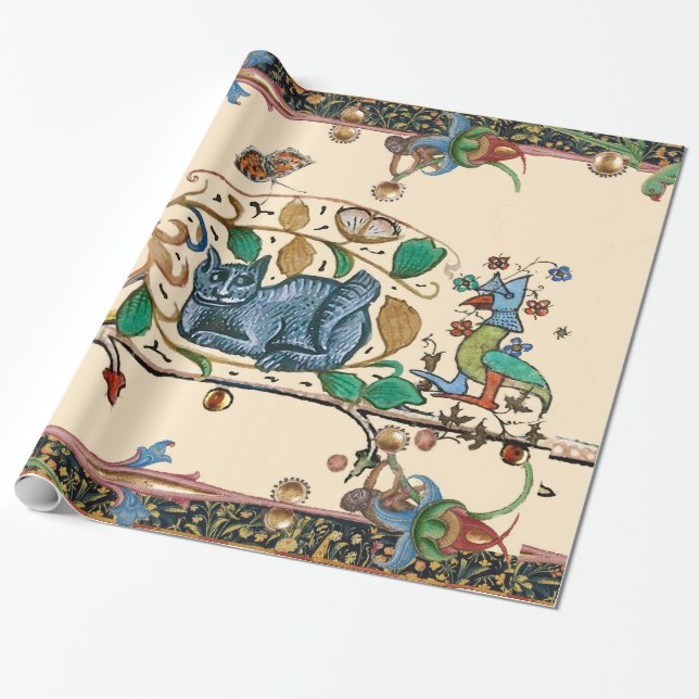 WEIRD MEDIEVAL BESTIARY HUNTER CAT,BIRD AND FALCON WRAPPING PAPER (Unrolled)