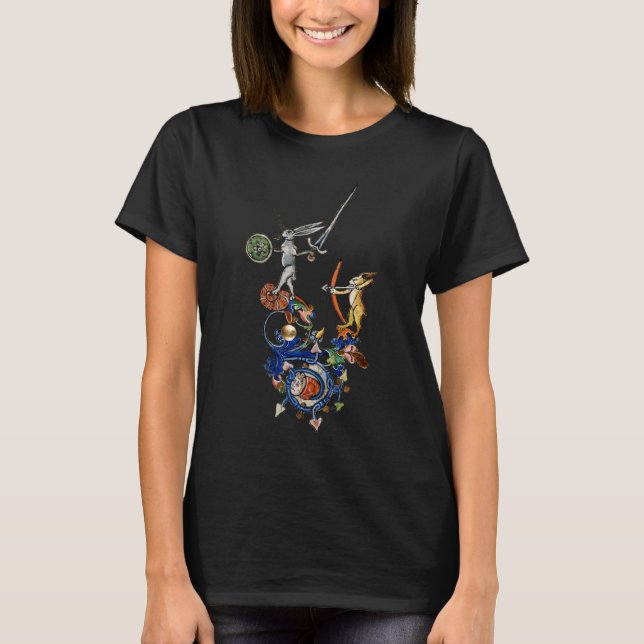 WEIRD MEDIEVAL BESTIARY,Killer Rabbits with Sword  T-Shirt (Front)