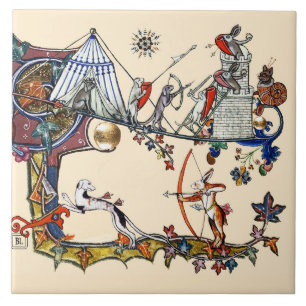 WEIRD MEDIEVAL BESTIARY ,KNIGHTS AND HYBRID DRAGON CERAMIC TILE