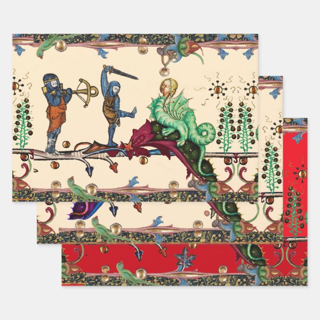 WEIRD MEDIEVAL BESTIARY ,KNIGHTS AND HYBRID DRAGON WRAPPING PAPER SHEET (Set)
