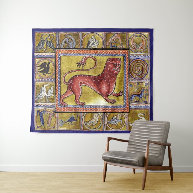 WEIRD MEDIEVAL BESTIARY,LEOPARD,FOREST ANIMALS TAPESTRY (In Situ (Horizontal))
