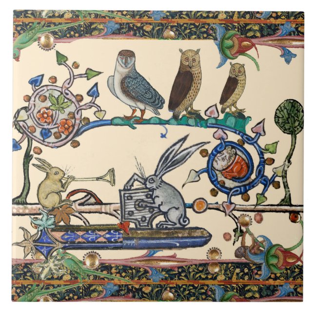 WEIRD MEDIEVAL BESTIARY MAKING MUSIC Owls ,Rabbits Ceramic Tile (Front)