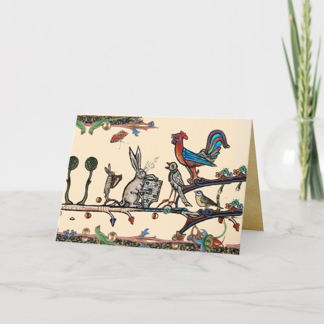 WEIRD MEDIEVAL BESTIARY MAKING MUSIC,Rabbit,Birds Holiday Card (Front)