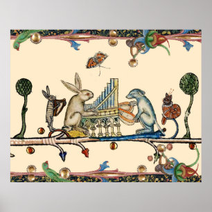 WEIRD MEDIEVAL BESTIARY MAKING MUSIC,Rabbit, Dog Poster