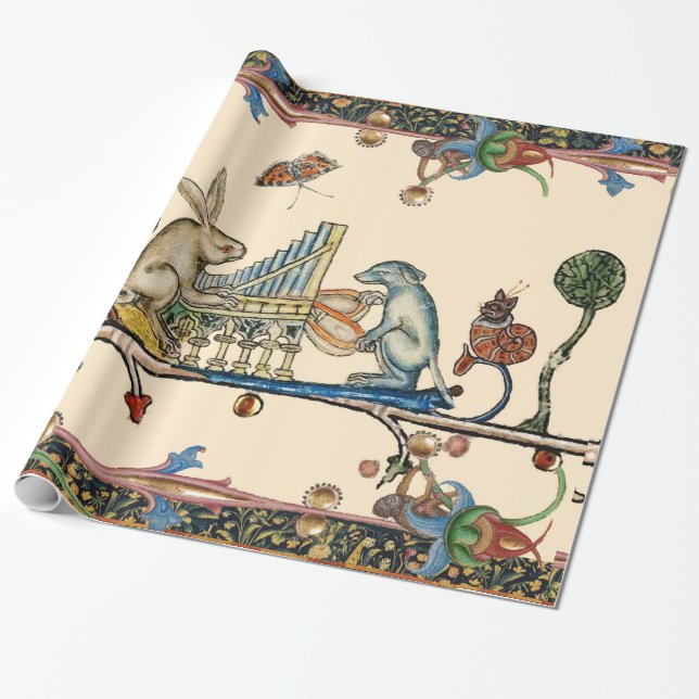 WEIRD MEDIEVAL BESTIARY MAKING MUSIC,Rabbit, Dog Wrapping Paper (Unrolled)