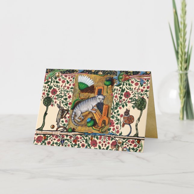 WEIRD MEDIEVAL BESTIARY, MUSIC,CAT PLAYING ORGAN H HOLIDAY CARD (Front)