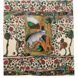 WEIRD MEDIEVAL BESTIARY MUSIC,CAT PLAYING ORGAN  SHOWER CURTAIN