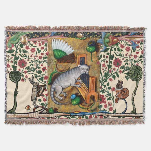 WEIRD MEDIEVAL BESTIARY MUSIC,CAT PLAYING ORGAN  THROW BLANKET (Front)