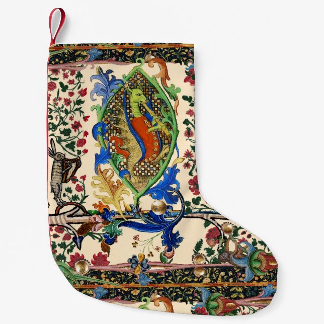 WEIRD MEDIEVAL BESTIARY MUSIC,DRAGON PLAYING FLUTE SMALL CHRISTMAS STOCKING (Front)