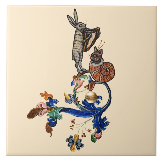 WEIRD MEDIEVAL BESTIARY MUSIC,HARPIST HARE CERAMIC TILE (Front)