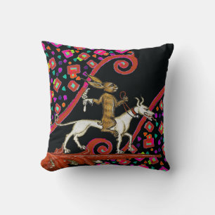 WEIRD MEDIEVAL BESTIARY Rabbit Riding a White Dog Cushion