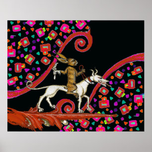 WEIRD MEDIEVAL BESTIARY Rabbit Riding a White Dog Poster