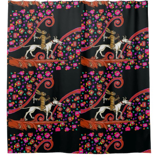 WEIRD MEDIEVAL BESTIARY Rabbit Riding a White Dog Shower Curtain (Front)
