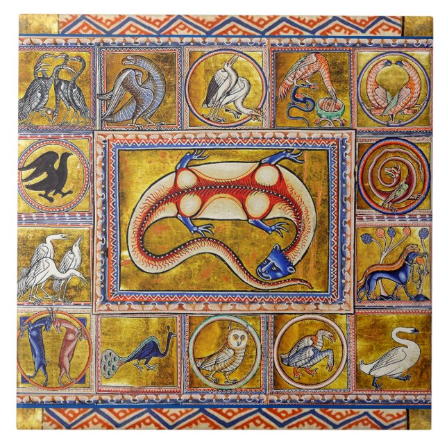 WEIRD MEDIEVAL BESTIARY,SALAMANDER,FOREST ANIMALS CERAMIC TILE (Front)