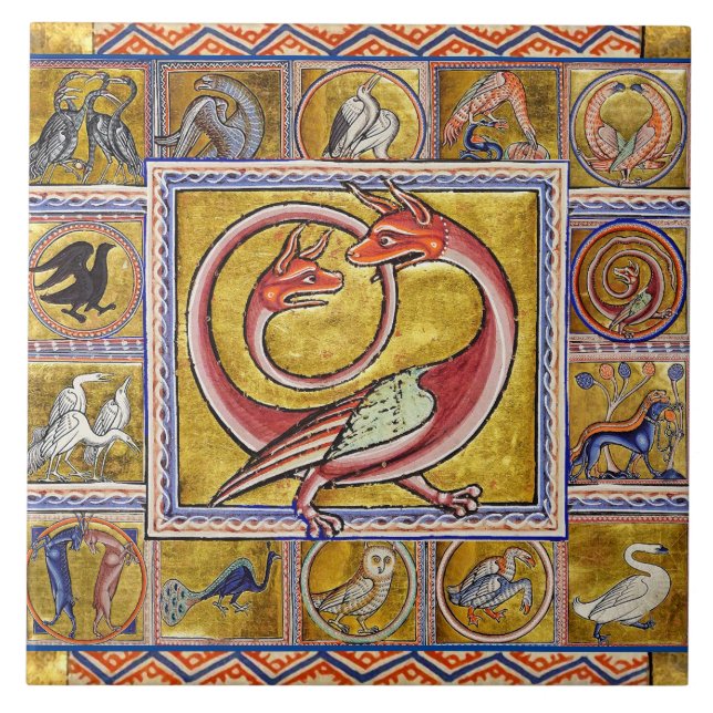 WEIRD MEDIEVAL BESTIARY,SNAKE DRAGON,FOREST ANIMAL CERAMIC TILE (Front)