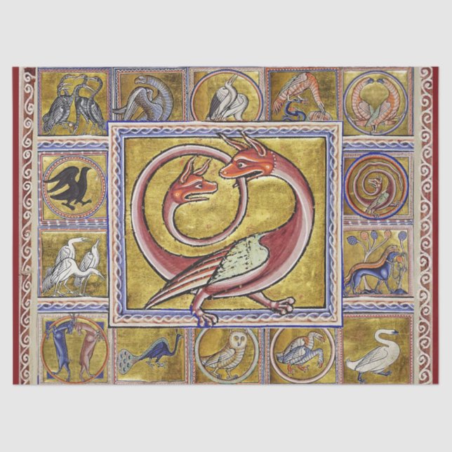WEIRD MEDIEVAL BESTIARY,SNAKE DRAGON,FOREST ANIMAL TISSUE PAPER (Front)