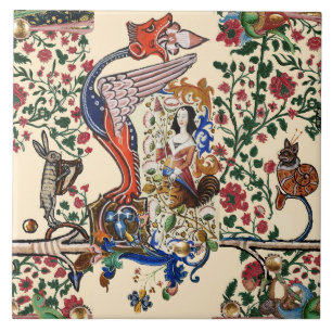 WEIRD MEDIEVAL BESTIARY SPINNING LADY WITH DRAGON CERAMIC TILE