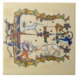 WEIRD MEDIEVAL BESTIARY ,UNICORN FIGHTING MONKEY  CERAMIC TILE