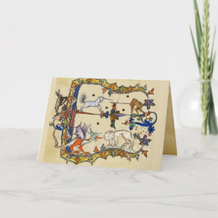 WEIRD MEDIEVAL BESTIARY ,UNICORN FIGHTING MONKEY HOLIDAY CARD
