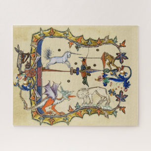 WEIRD MEDIEVAL BESTIARY ,UNICORN FIGHTING MONKEY JIGSAW PUZZLE