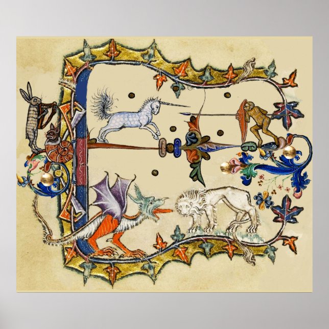 WEIRD MEDIEVAL BESTIARY ,UNICORN FIGHTING MONKEY POSTER (Front)