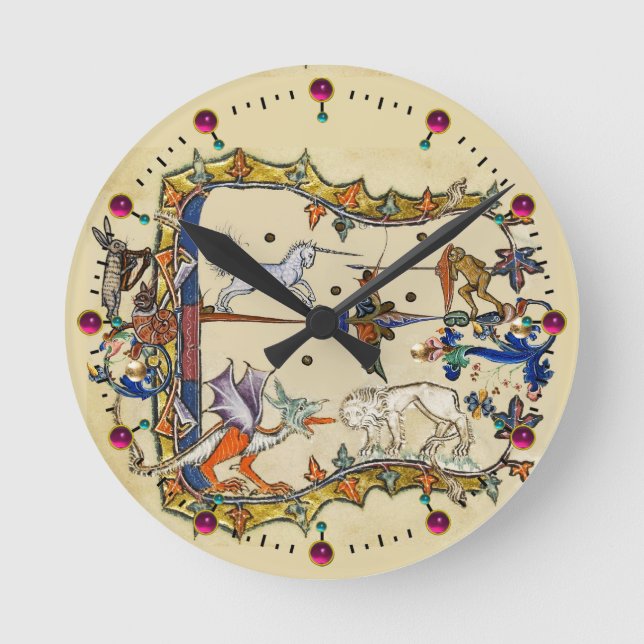 WEIRD MEDIEVAL BESTIARY ,UNICORN FIGHTING MONKEY ROUND CLOCK (Front)