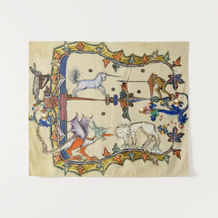 WEIRD MEDIEVAL BESTIARY ,UNICORN FIGHTING MONKEY TAPESTRY