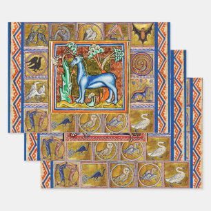 WEIRD MEDIEVAL BESTIARY,UNICORN,GRYPHON,WILD BOAR  WRAPPING PAPER SHEET