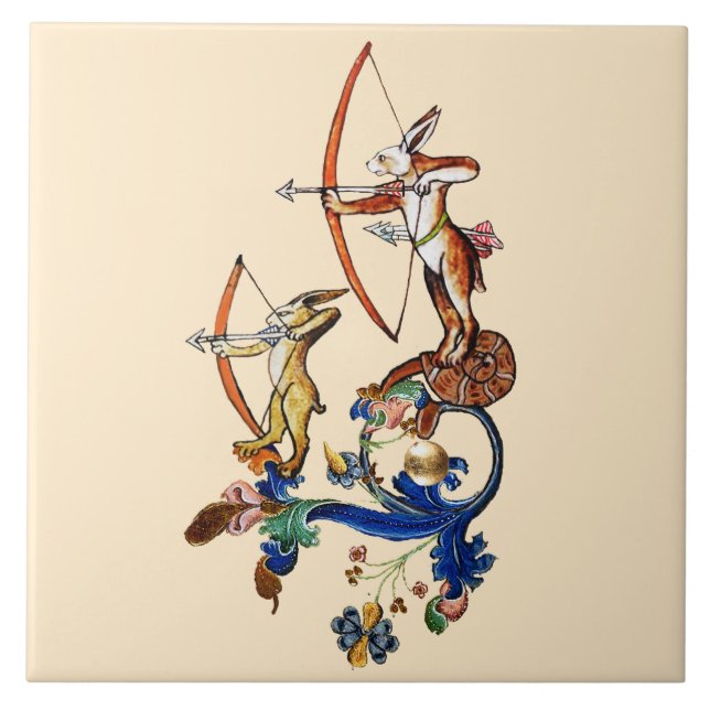 WEIRD MEDIEVAL BESTIARY WAR,ARCHER RABBITS CERAMIC TILE (Front)