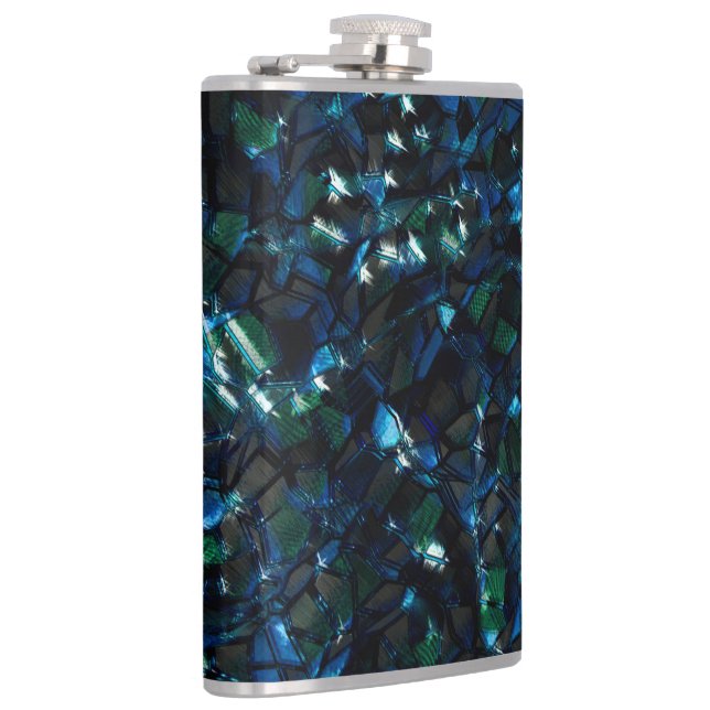 Weird mosaic over dark background and hazy sparkle hip flask (Right)