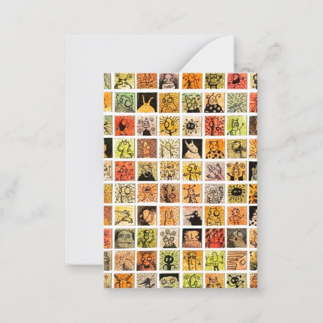 Weird Strange Cartoon Faces Color Squares Card (Front)