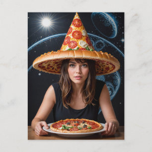 Weird Surreal Woman with a Pizza Hat  Postcard