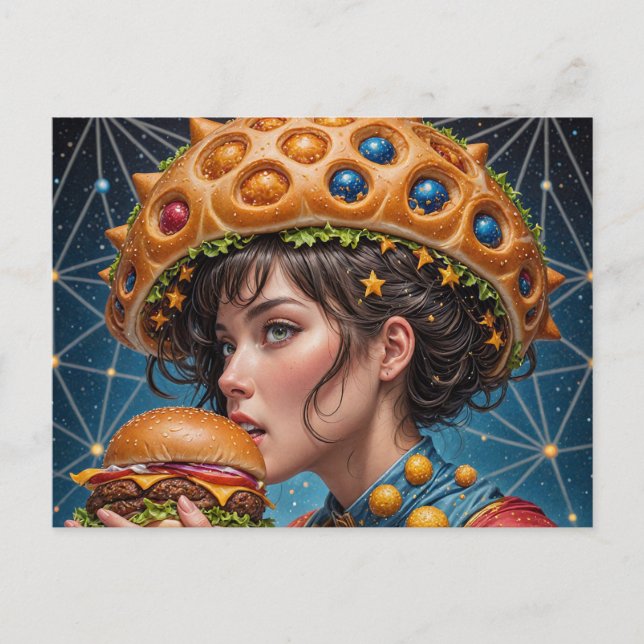 Weird Surreal Women with a Cheeseburger Postcard (Front)